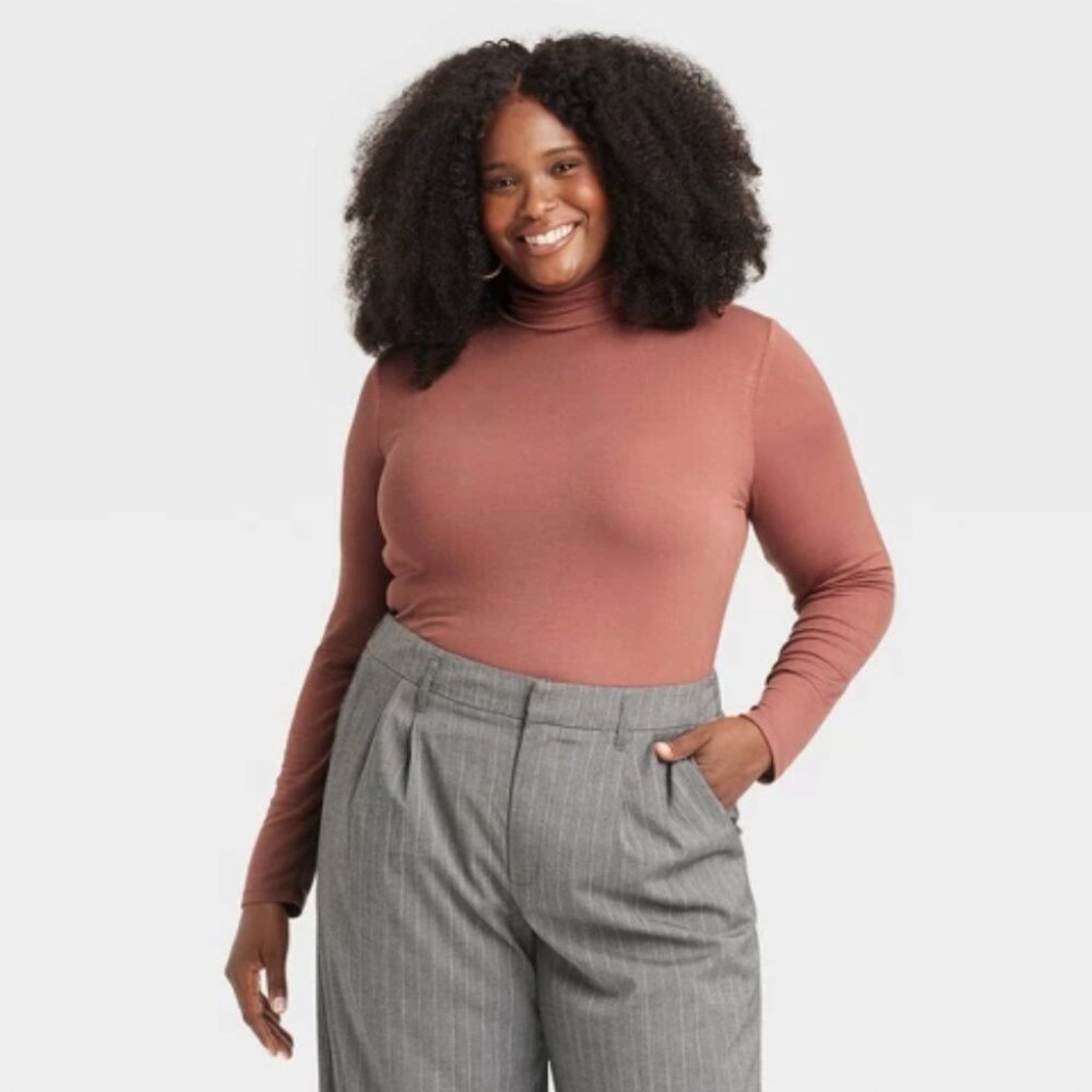 A New Day Women's Large Rust Long Sleeve Turtleneck Slim Fit Cozy T-Shirt Ribbed